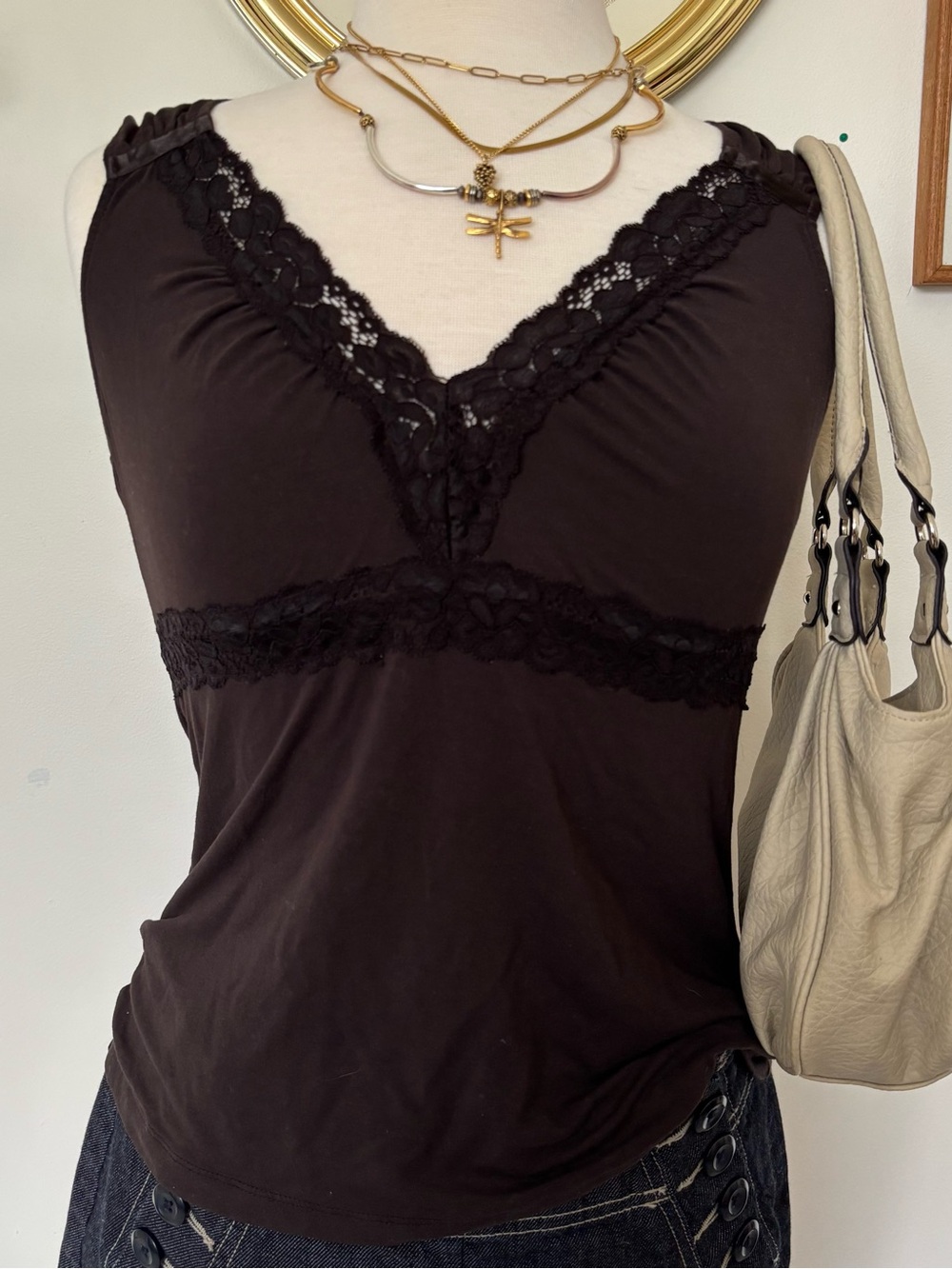 🍂Fall Layering New York & Company Brown Lace-Trim V-Neck Sleeveless Top